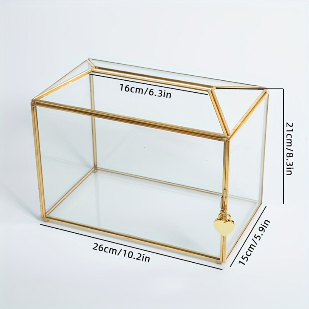 Wedding Card Box with Lock Glass Gold Transparent Slot Lid 10.2x5.9x8.3 In Holds 100 Cards for Wedding Baby Shower Birthday Party