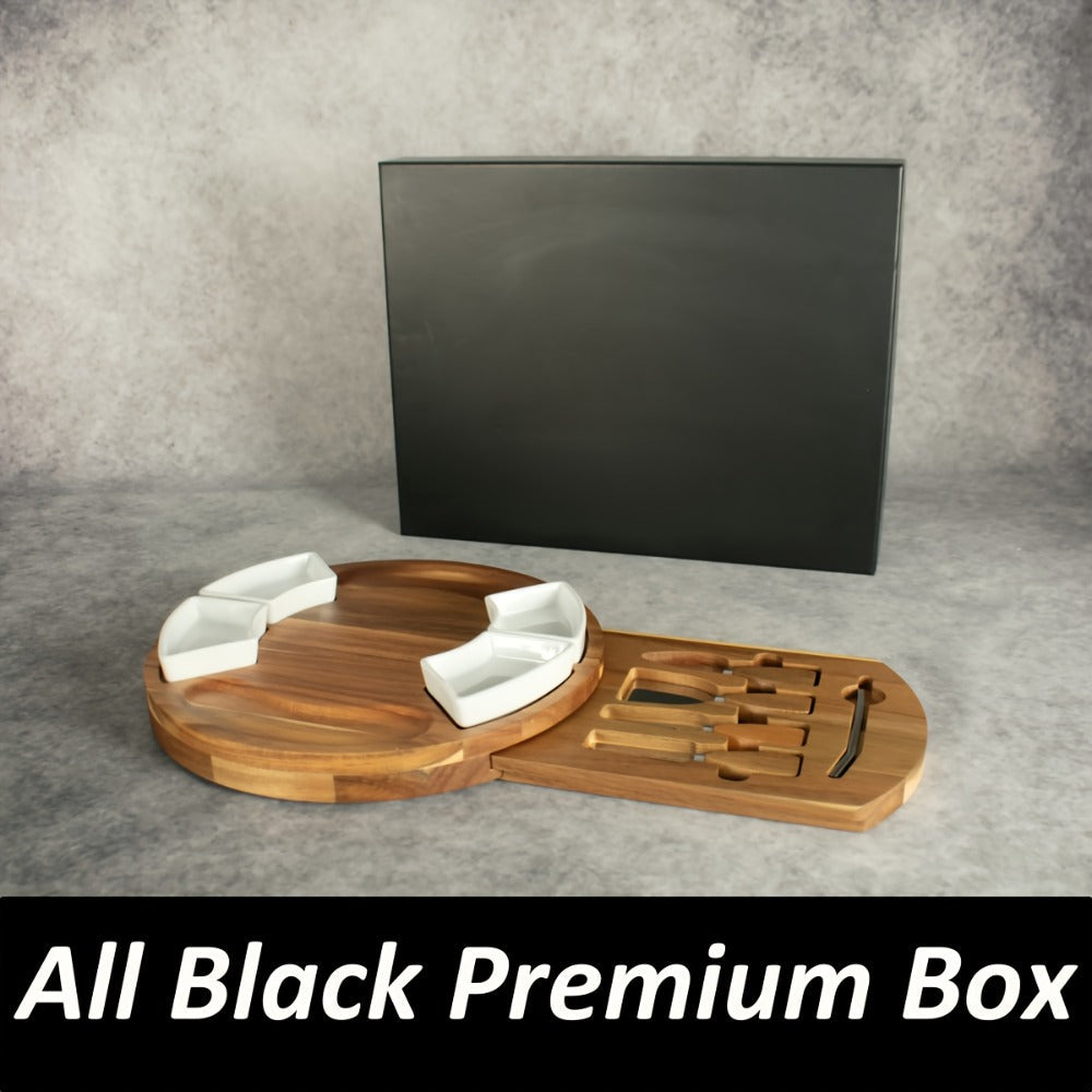 Acacia Wood Charcuterie Board Set Circular Cheese Board with Drawer Knife Set & Ceramic Bowls | Premium Serving Platter Gift Set for Housewarming Bridal Shower Wedding Birthday Women 13x13 Inch