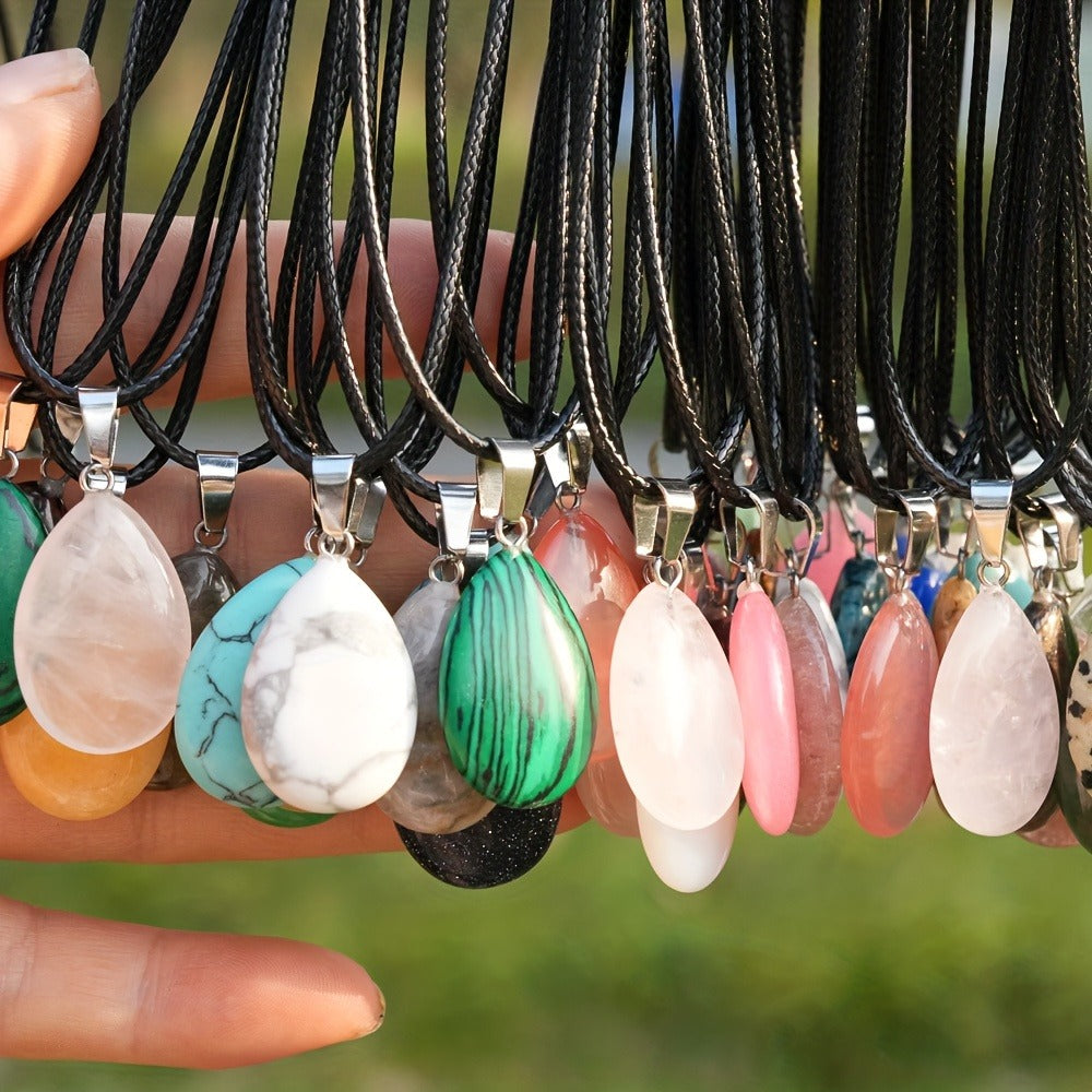 Crystal Pendant Necklace Set 40-Pack ¨C Multicolor Water Droplet Artificial Crystal Pendants with Faux Leather Cord, Fashionable Chic Jewelry for Festival, Party & Everyday Wear, Gift Idea