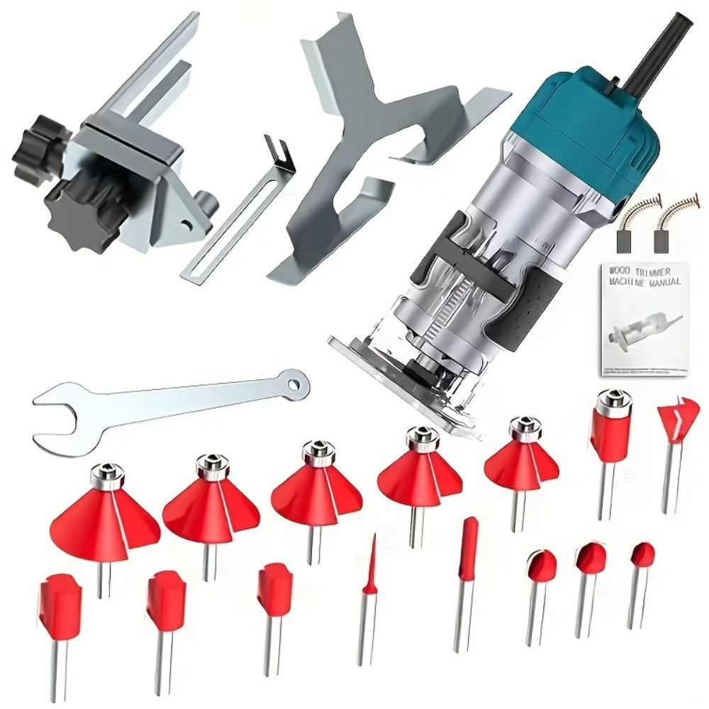 Wood Router Carving Machine Electric Trimmer ¨C Wood Slotting, Drilling & Engraving Tool with Optional 15pc Milling Cutter Set, for Woodworking, Furniture Making & DIY Crafts