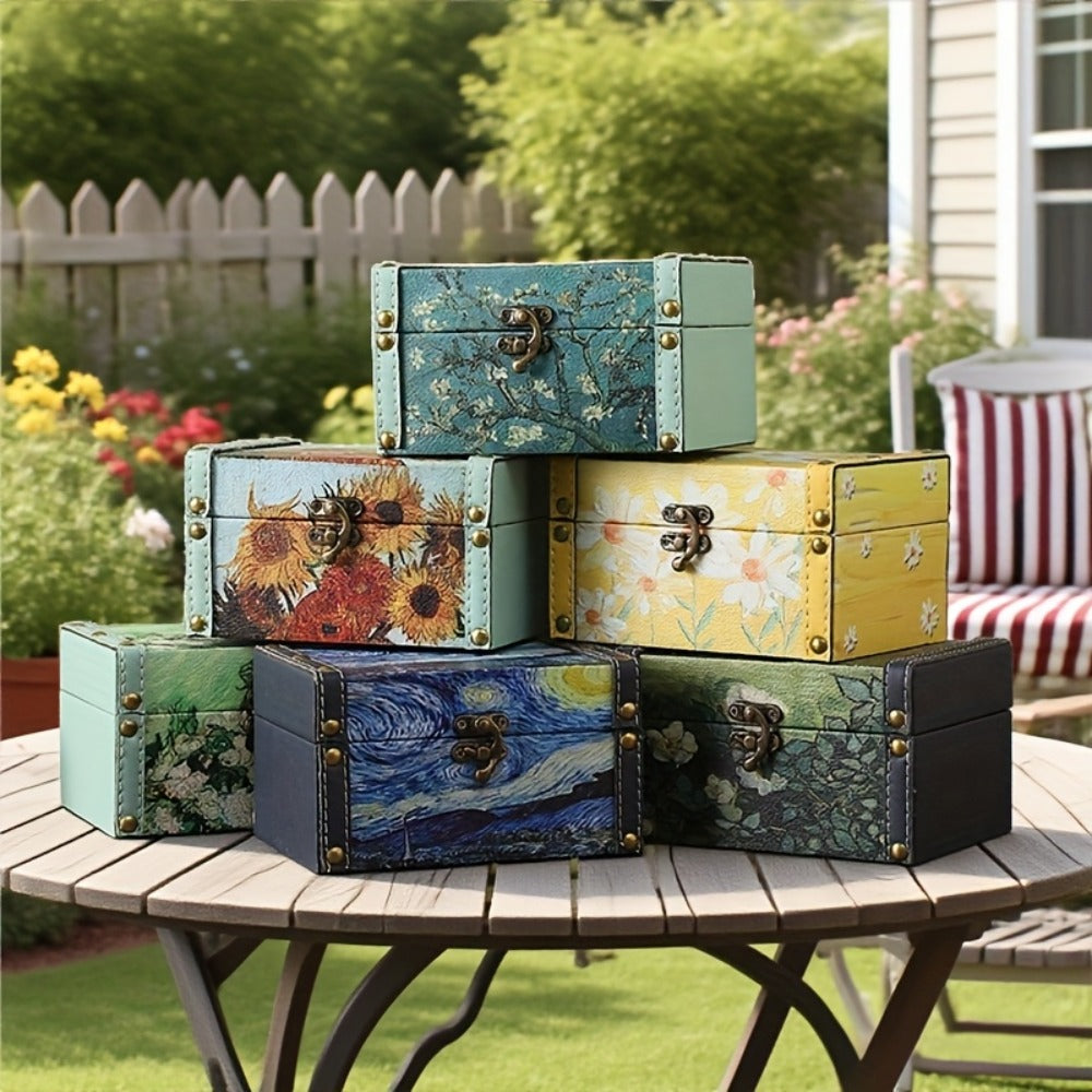 Wooden Storage Box with Lid Vintage Floral Design, Dust-Proof Decorative Trinket Box for Tabletop Jewelry Keepsake Organization, Scandinavian Style Small Wooden Box Gift