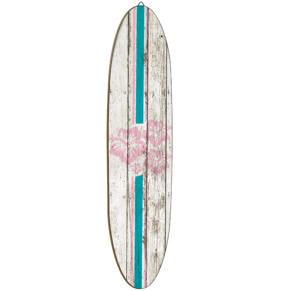 Wooden Surfboard Wall Art 15.74¡± ¨C Rustic Tropical Beach Decor with Hibiscus & Tiki Mask Design, Frameless Recycled Wood Wall Hanging for Hawaiian Bar, Home, Summer & Vacation Theme Decor