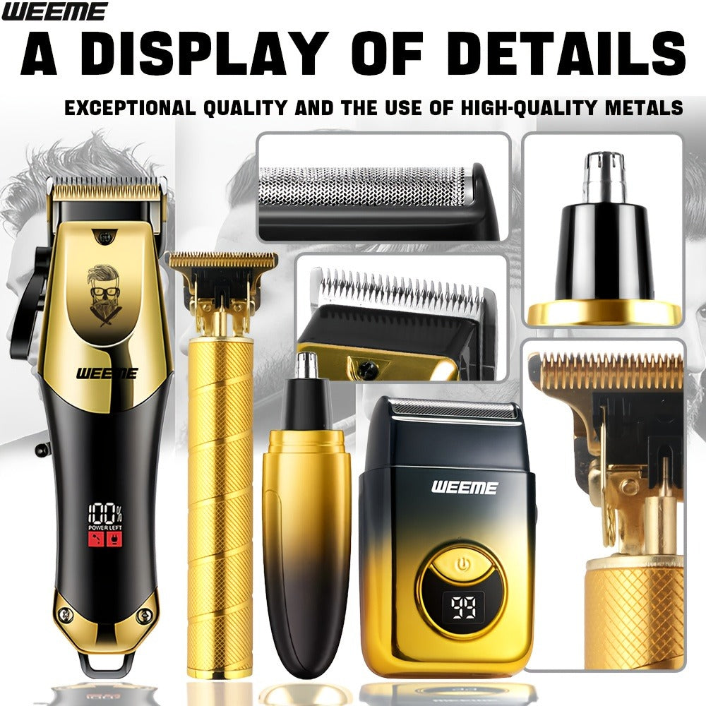 Men's Grooming Kit USB Rechargeable Hair Clipper Set with Nose Trimmer Electric Shaver Detail Trimmer 8 Limit Combs Professional Haircut Kit Father's Day Christmas Gift Gold