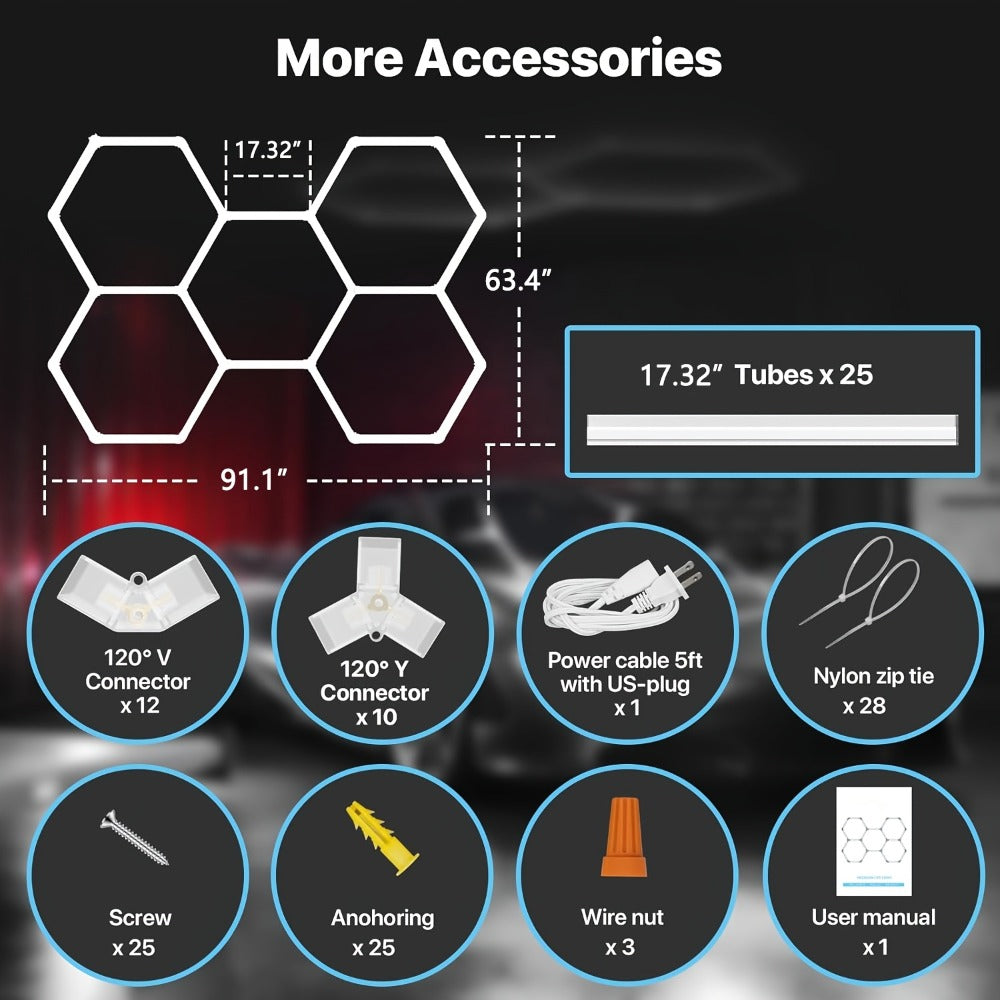 LED Hexagonal Garage Light 6500K ¨C Super Bright Daylight White Shop Light 42W¨C620W for Auto Detailing, Warehouse, Workshop, Basement & Gym (1 to 32 Grids, Hex Frame Available)