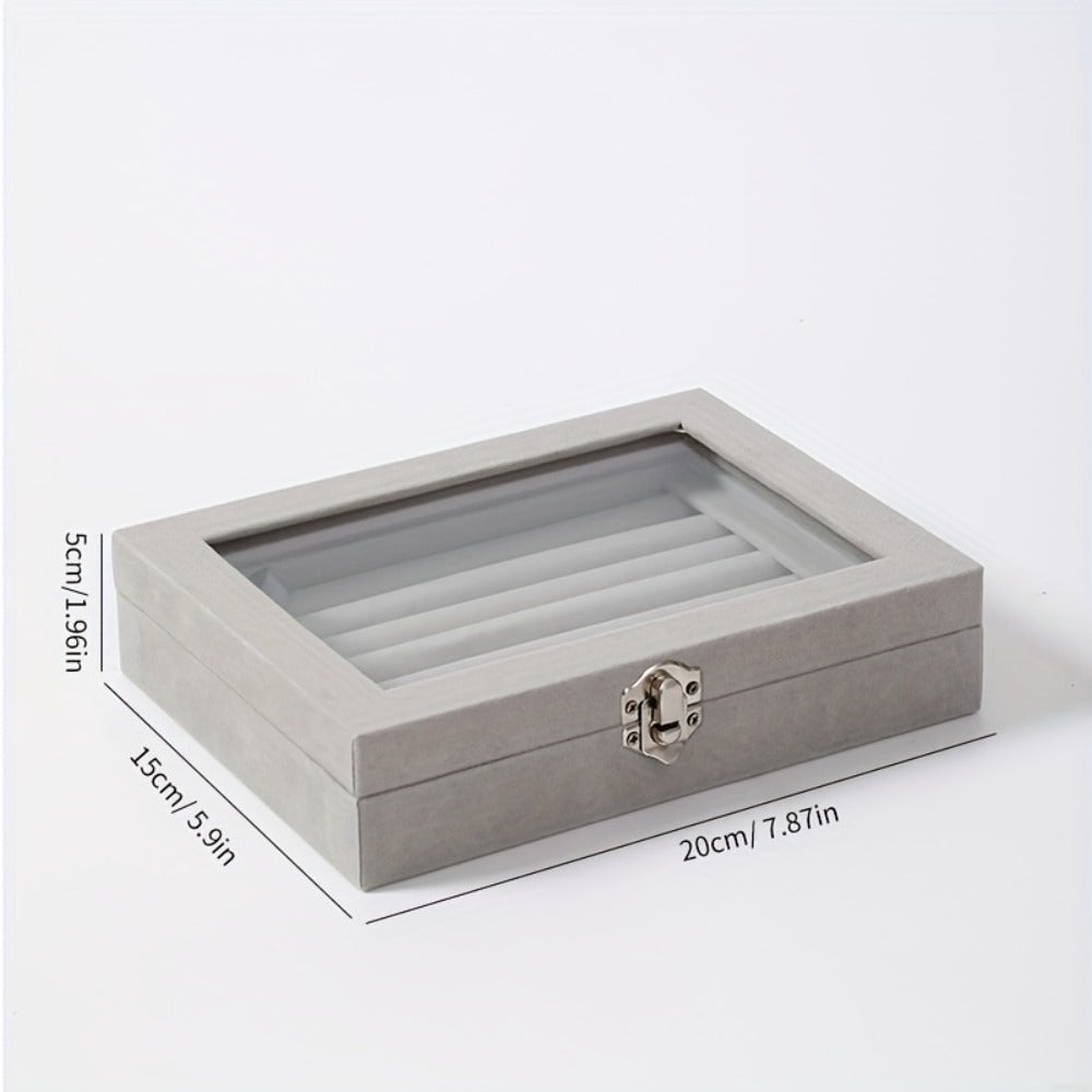 Jewelry Box with Locking Lid ¨C 49-Ring Capacity Glass-Like Plastic Ring & Earring Organizer, Large Rectangular Storage Case, Waterproof Anti-Tarnish, 4 Colors, Holiday Gift