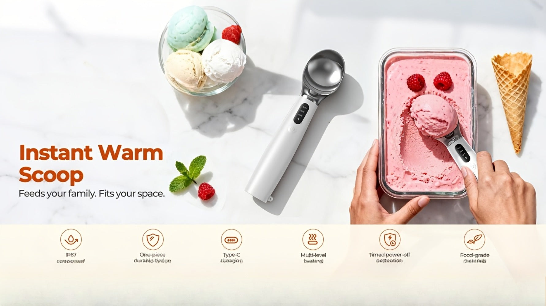 Electric Heated Ice Cream Scoop USB-C Rechargeable with 3 Temperature Settings 120¡ãF 140¡ãF 160¡ãF IPX7 Waterproof Ergonomic Handle Gift for Ice Cream Lovers