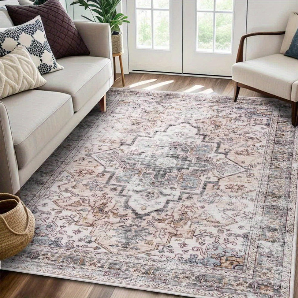 Bohemian Area Rug Ultra-Soft Non-Slip Washable Retro Foldable Carpet for Living Room Bedroom in Beige and Grey Multiple Sizes