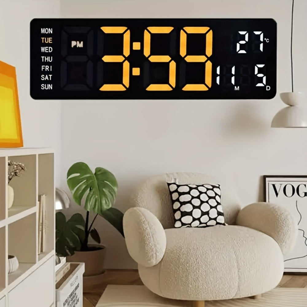 Large Digital Wall Clock 16 Inch LED Color Display, Smart Auto-Dimming 10-Level Brightness, Time Temperature Humidity Monitor, Dual Alarm with Snooze, USB Powered with Remote Control for Living Room Office Bedroom