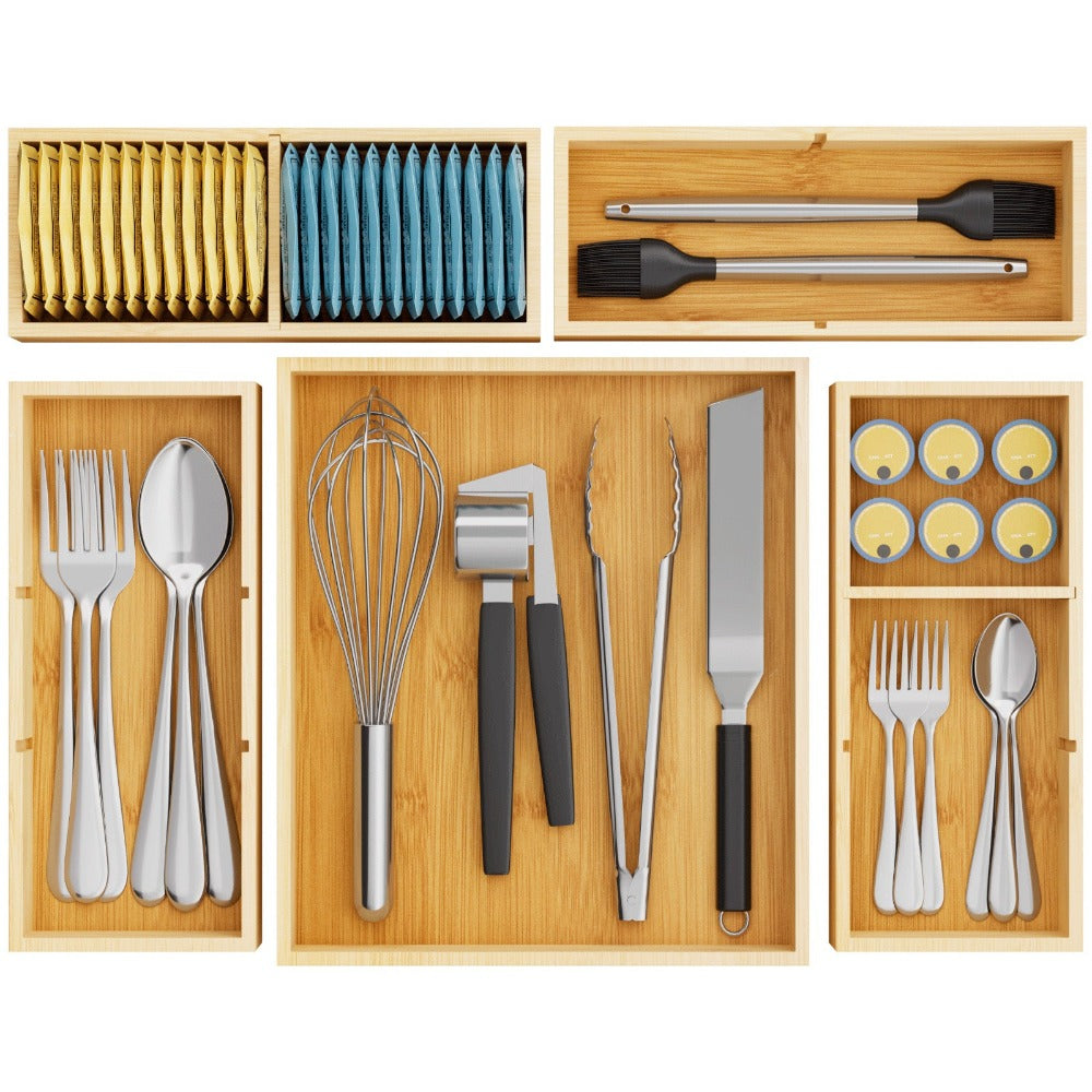 Bamboo Drawer Organizer 10 Pack, Adjustable Stackable Drawer Dividers Bins for Kitchen Utensils, Silverware, Makeup, Office Supplies, Bathroom Vanity & Junk Drawer