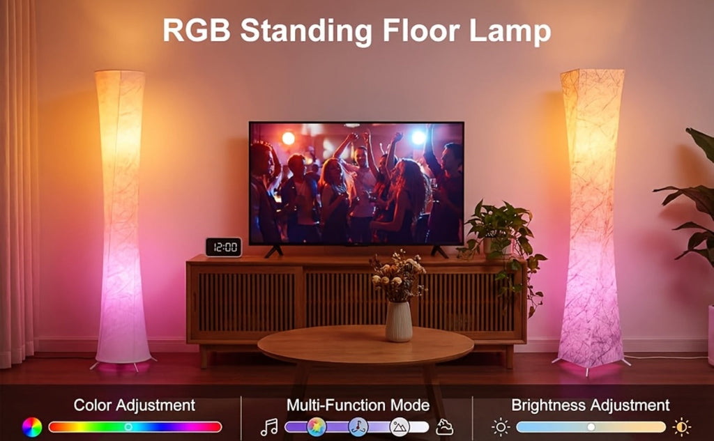 Smart RGB LED Floor Lamp Music Sync Dimmable Color Changing App Remote Control White Fabric Shade for Living Room Bedroom Office Decor
