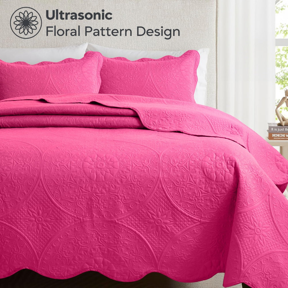 Quilted Bedspread Set 3 Piece ¨C Soft Floral Coverlet with Pillow Shams, Lightweight Breathable Quilt for Bedroom & Guest Room, All Season Bed Cover