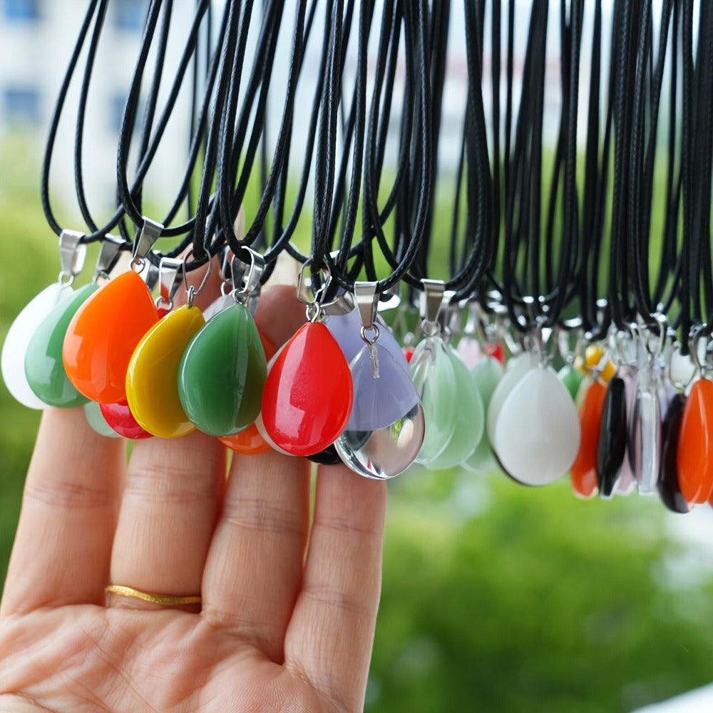 Crystal Pendant Necklace Set 40-Pack ¨C Multicolor Water Droplet Artificial Crystal Pendants with Faux Leather Cord, Fashionable Chic Jewelry for Festival, Party & Everyday Wear, Gift Idea