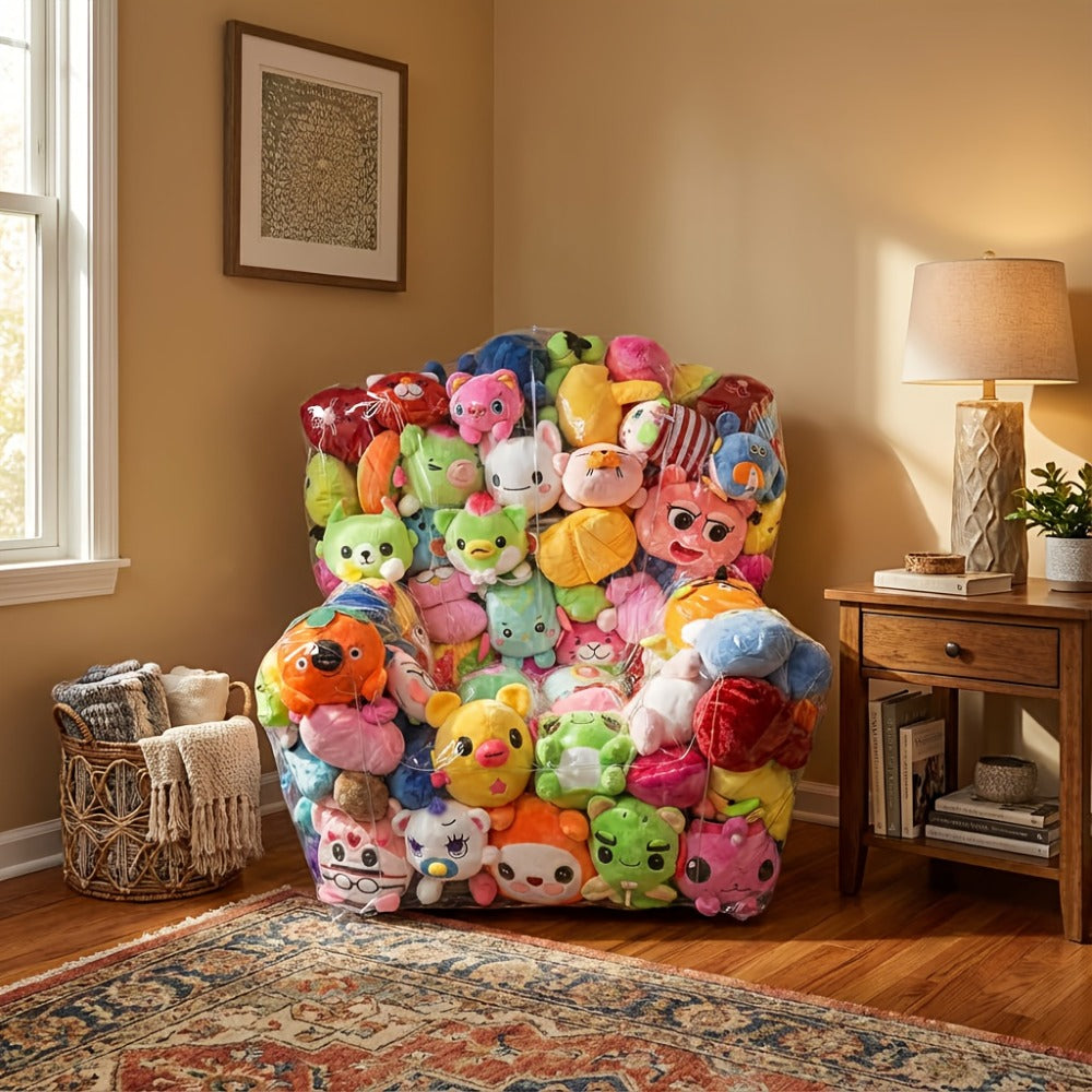 Large Transparent Plush Toy Storage Bag with Zipper Closure Stuffed Animal Organizer Bean Bag Chair Cover Openable Filling 100x90cm Clear Display Bag