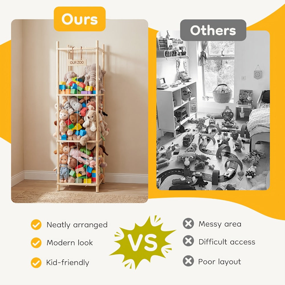 Wooden Stuffed Animal Storage Organizer for Kids Large Plush Toy Holder Zoo Space Saving Display Rack for Playroom Bedroom Nursery Natural White Pink