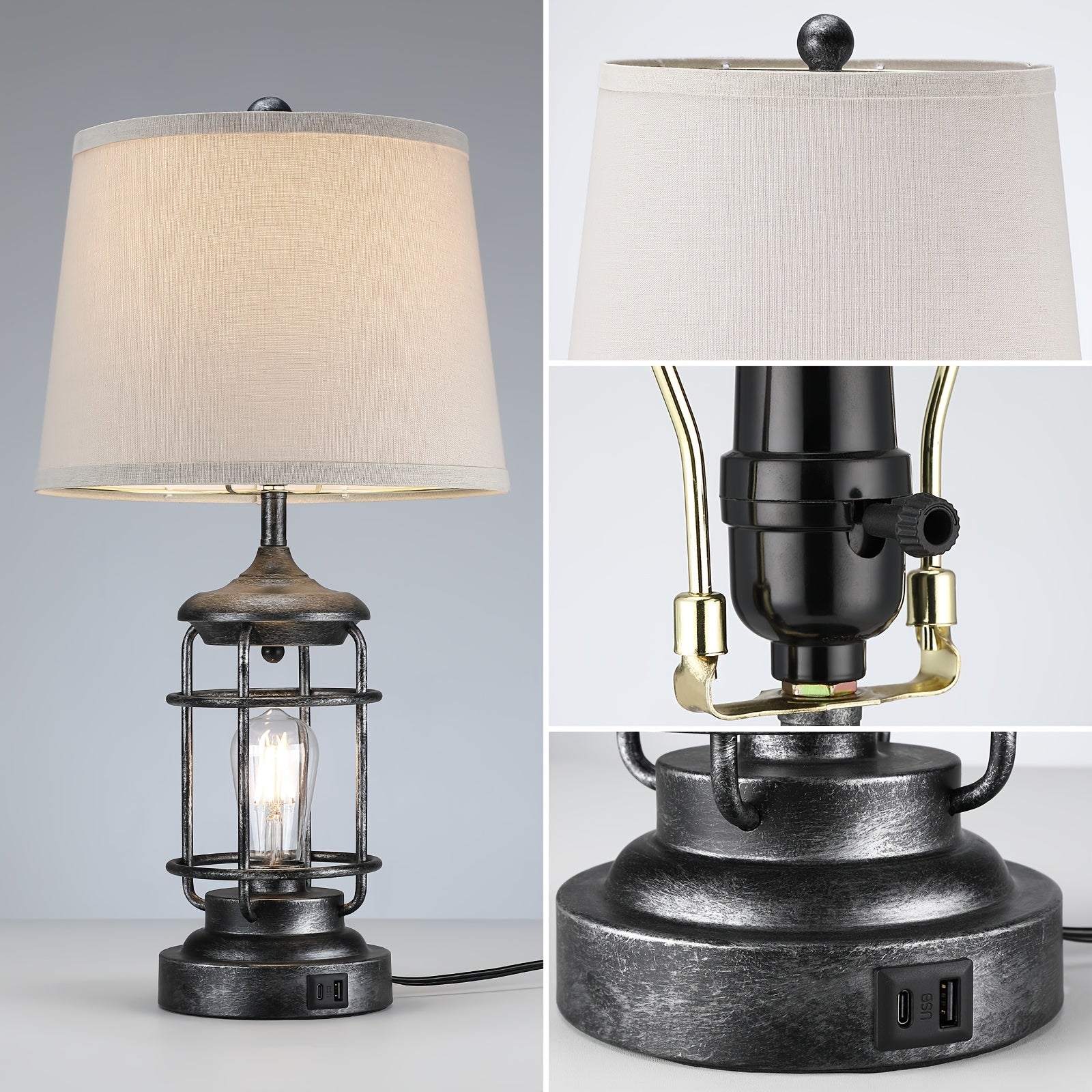 Farmhouse Table Lamps Set of 2 with 4 LED Bulbs | Touch Control 3-Way Dimmable Nightstand Lamp Dual USB Ports Natural Linen Shade Metal Black 22 Inch Bedroom Living Room