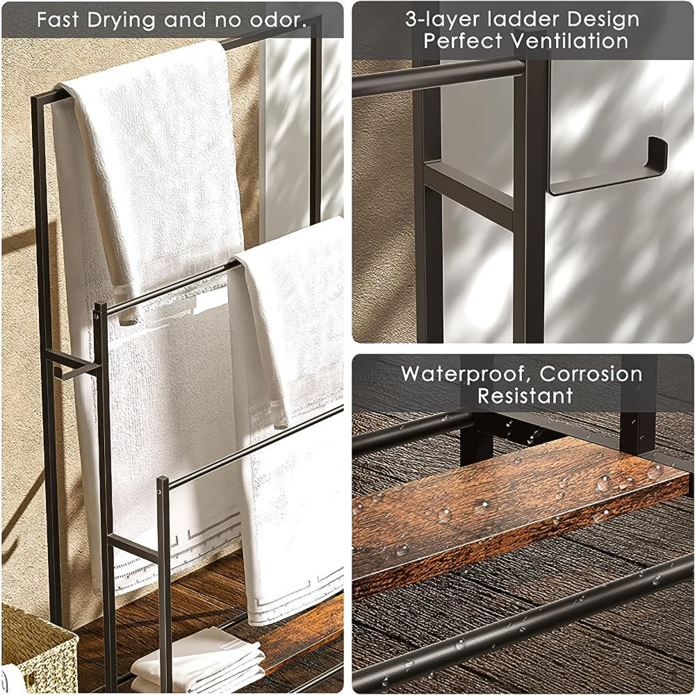 Towel Rack Freestanding 47 Inch Tall 3-Tier Floor Standing Towel Holder for Bathroom Bedroom Pool Outdoor - Oversized Bath Towel Drying Stand for Blankets Quilts Beach Towels Hot Tub Gym