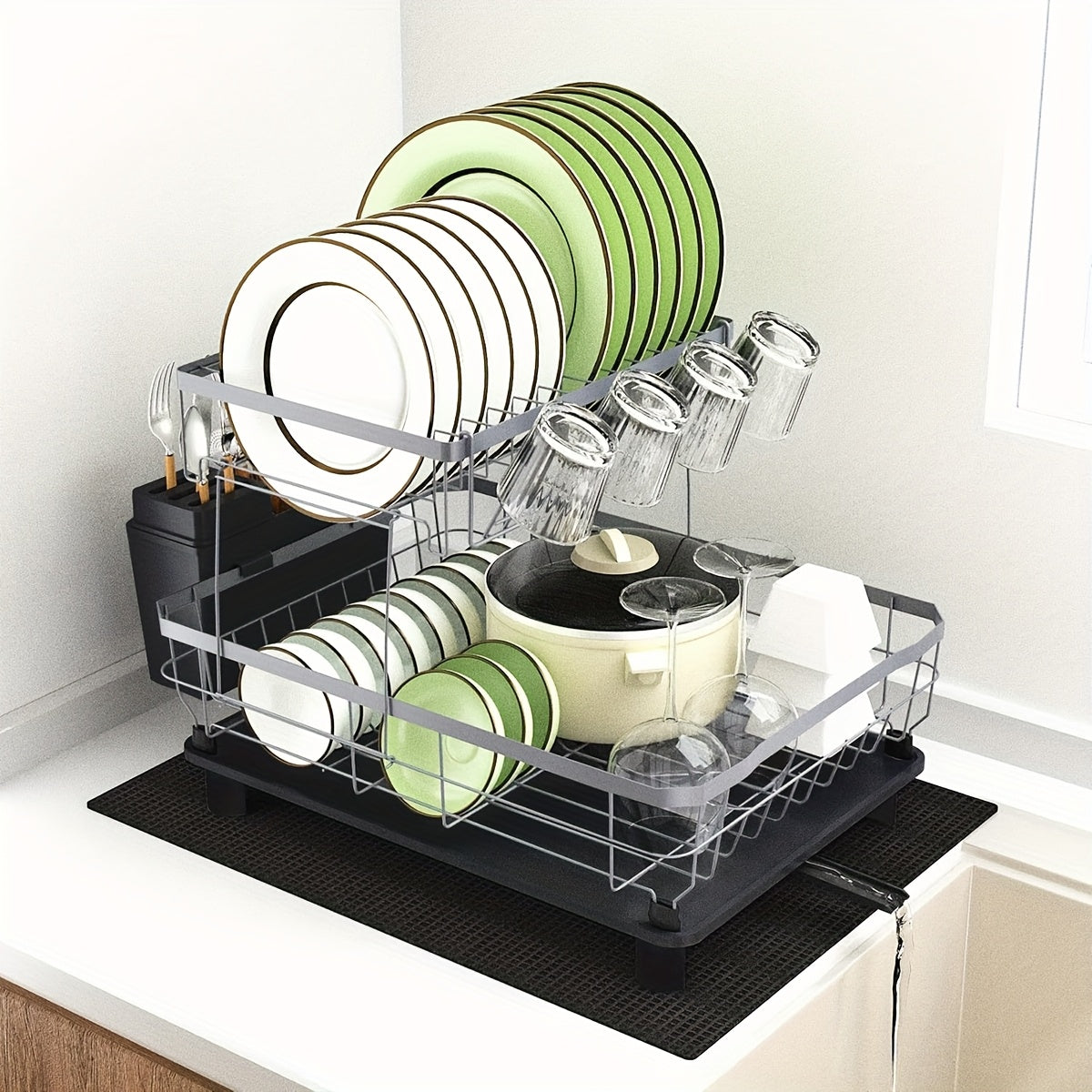 Dish Drying Rack 2-Tier Large Capacity Stainless Steel Detachable Dish Drainer for Kitchen Counter with Utensil Holder and Drain Board in Black White Gray