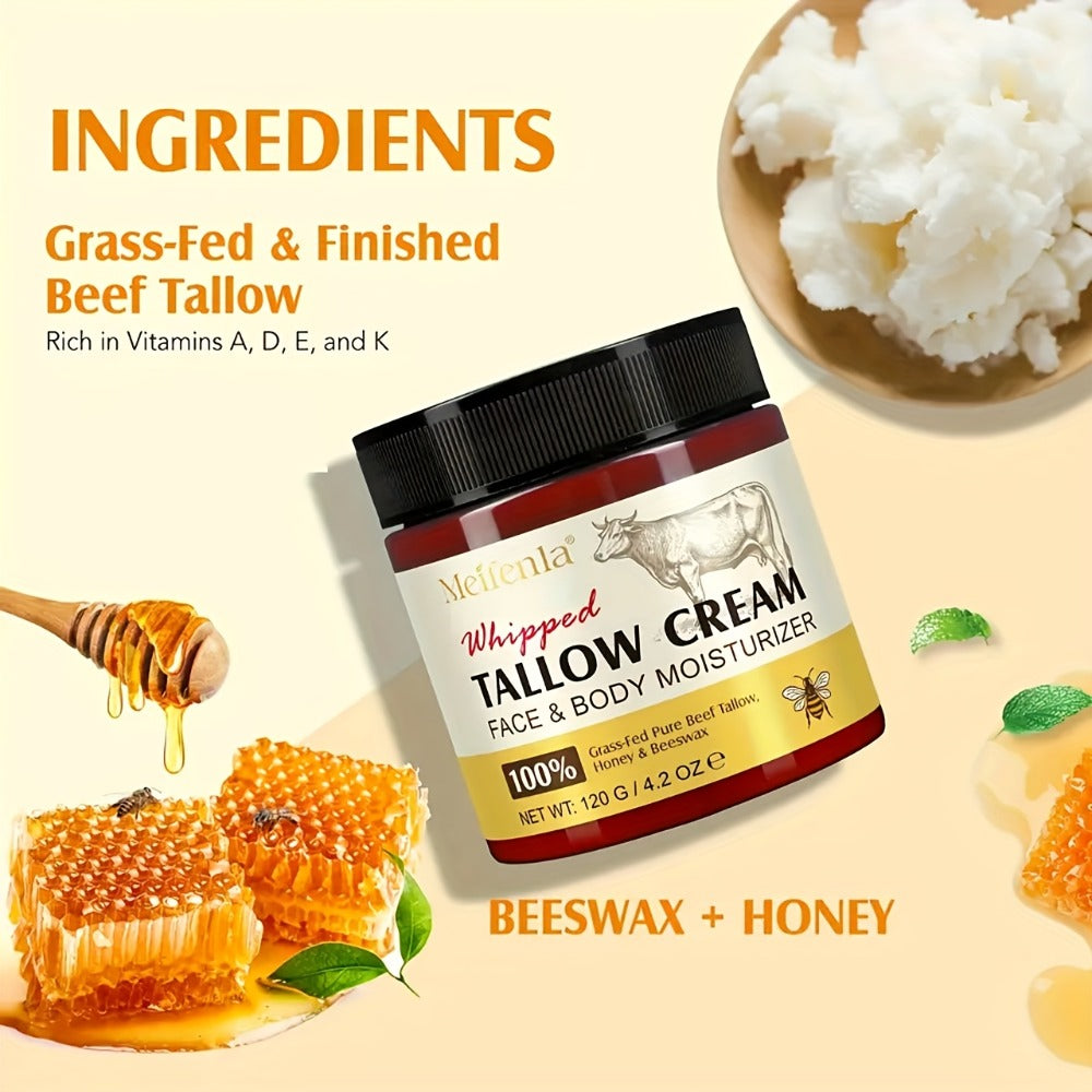 Whipped Tallow Cream 120g Grass-Fed Beef Tallow Honey Beeswax Moisturizing Face Body Hand Cream All Skin Types No Artificial Fragrance Skin Barrier Support