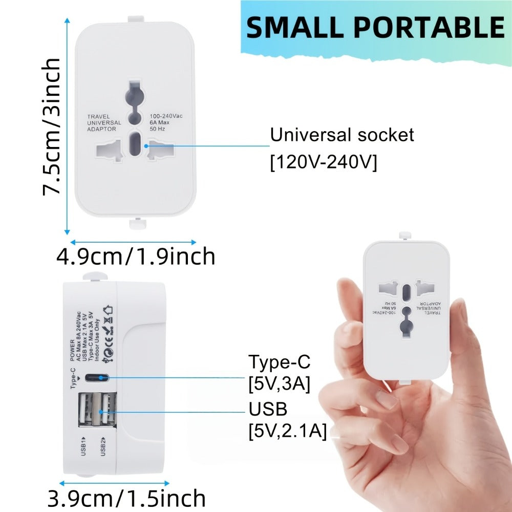 Universal Travel Adapter with Surge Protection - 2 USB & Type-C Ports, All-in-One International Plug for 350+ Countries, 100-240V Input, Fast Charging, Compact Lightweight Design, White & Black