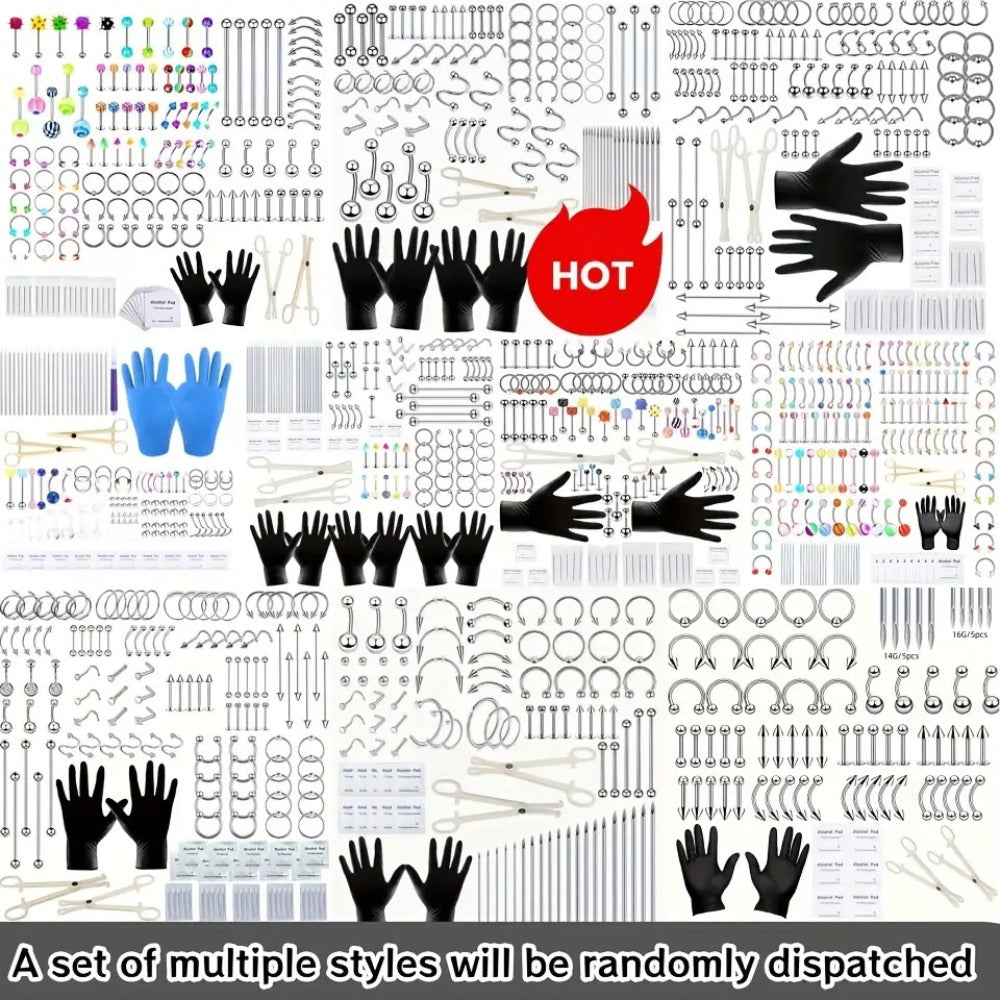 Piercing Kit Stainless Steel Random Set ¨C Nose Bone Ear Tragus Lip Belly Button Eyebrow Piercing Needle Tools with Stainless Steel Jewelry, Trendy Body Piercing Accessories for Men and Women