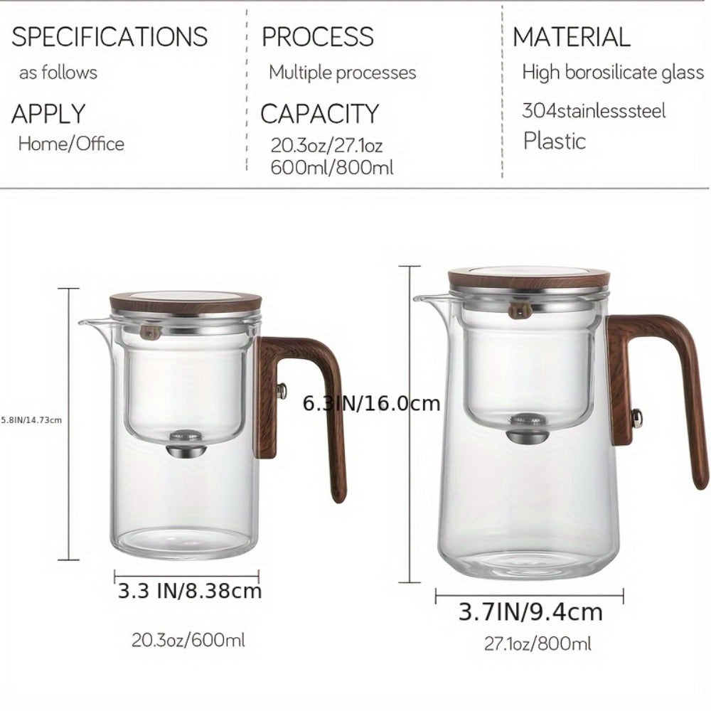 Glass Teapot with Infuser & Wooden Handle ¨C Borosilicate Tea Kettle, One-Button Tea-Water Separation, Drip-Free Spout, 27oz for Loose Leaf & Blooming Tea, Holiday Gift for Men & Women