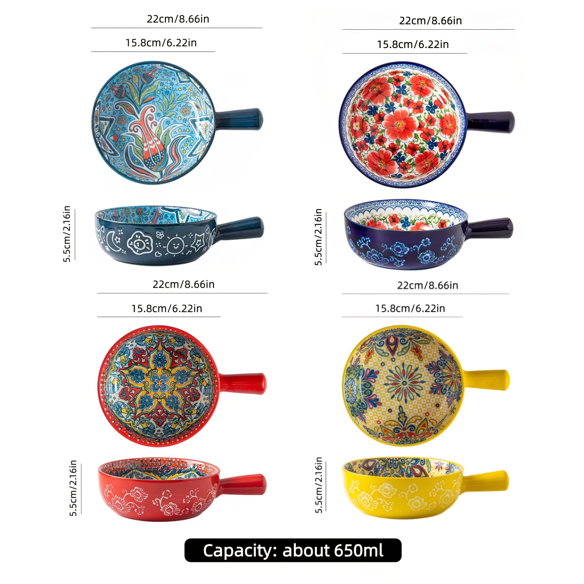 Ceramic Salad Bowl Set of 4 Bohemian Style 8.7 Inch with Handles Microwave and Oven Safe Colorful Serving Bowls for Home Baking Table Serving Gift