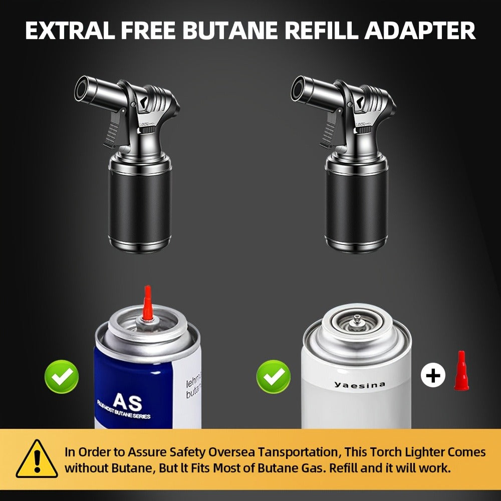 Big Tank Kitchen Butane Torch Lighter Adjustable Flame & Safety Lock - Refillable Blow Torch with Refill Adapters for Creme Brulee, BBQ, Desserts & Baking | Butane Not Included
