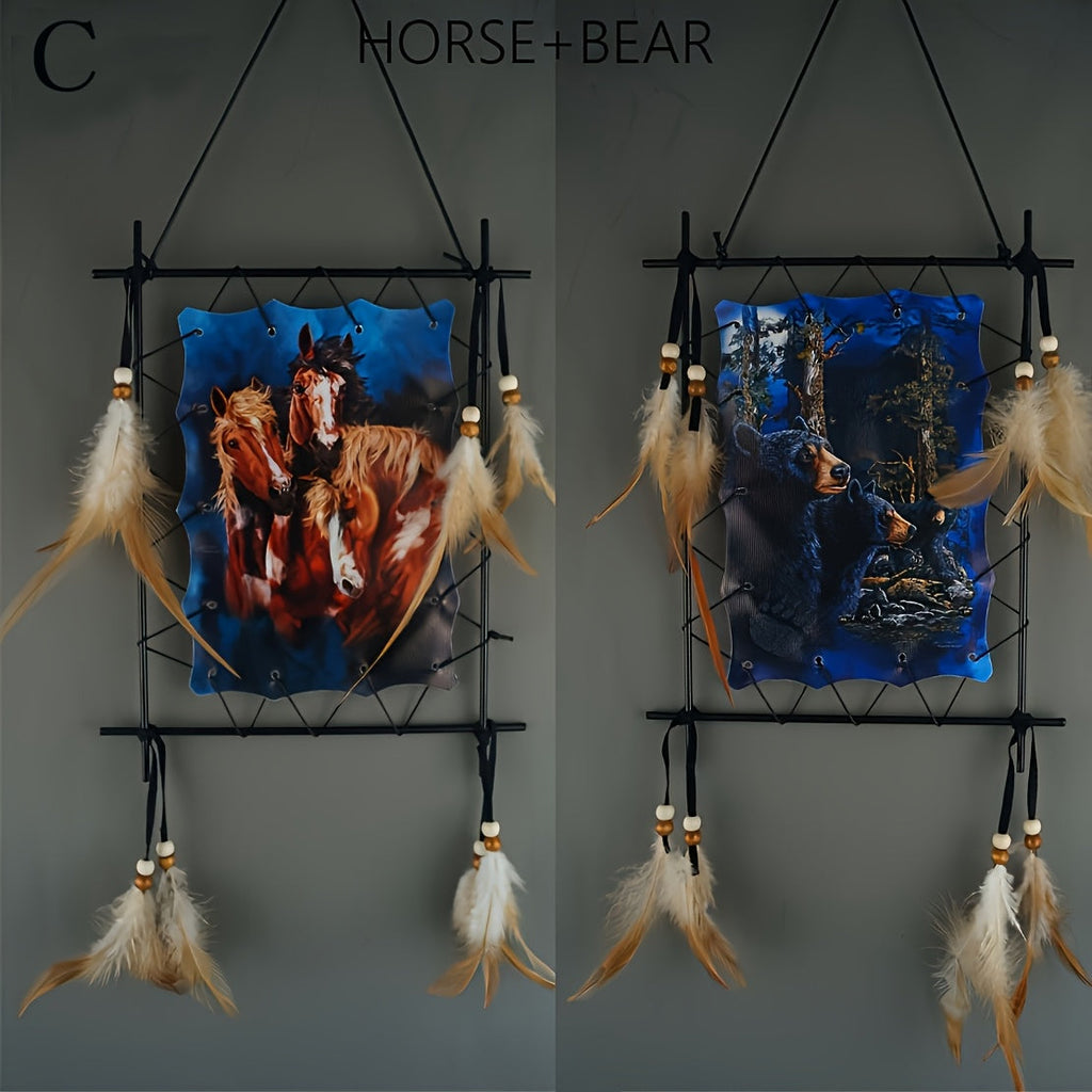 Wolf Eagle Dream Catcher Wall Art 2pcs Canvas Print Boho Native American Totem Hanging Decor with Feathers Wooden Beads Vintage Iron Frame for Living Room Bedroom Entryway TV Background