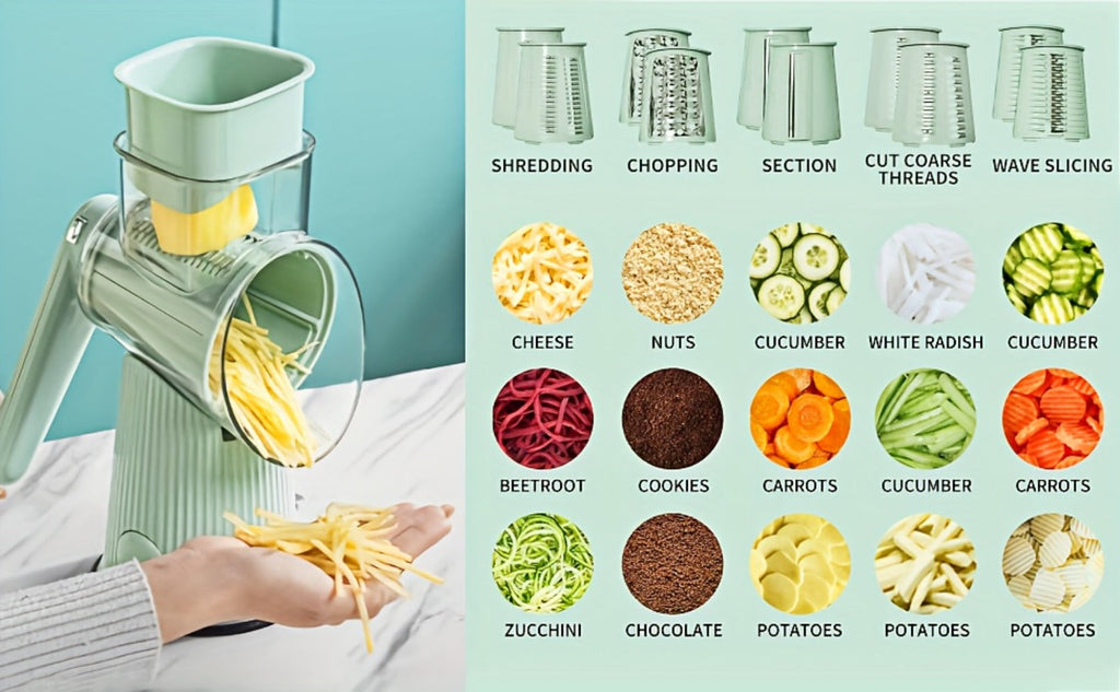 Rotary Cheese Grater with Interchangeable Blades ¨C 5-in-1 Manual Vegetable Slicer Shredder Set, Suction Cup Base, Easy to Clean, Multifunctional Kitchen Tool for Fruits, Vegetables & Nuts