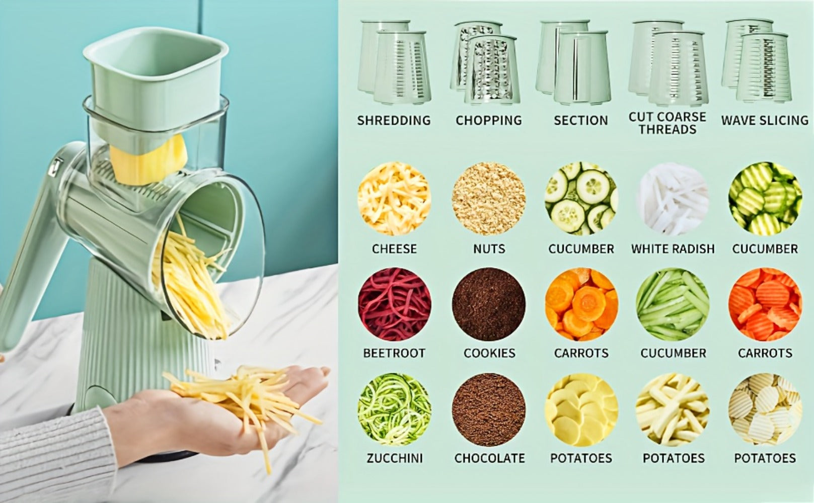 Rotary Cheese Grater with Interchangeable Blades ¨C 5-in-1 Manual Vegetable Slicer Shredder Set, Suction Cup Base, Easy to Clean, Multifunctional Kitchen Tool for Fruits, Vegetables & Nuts
