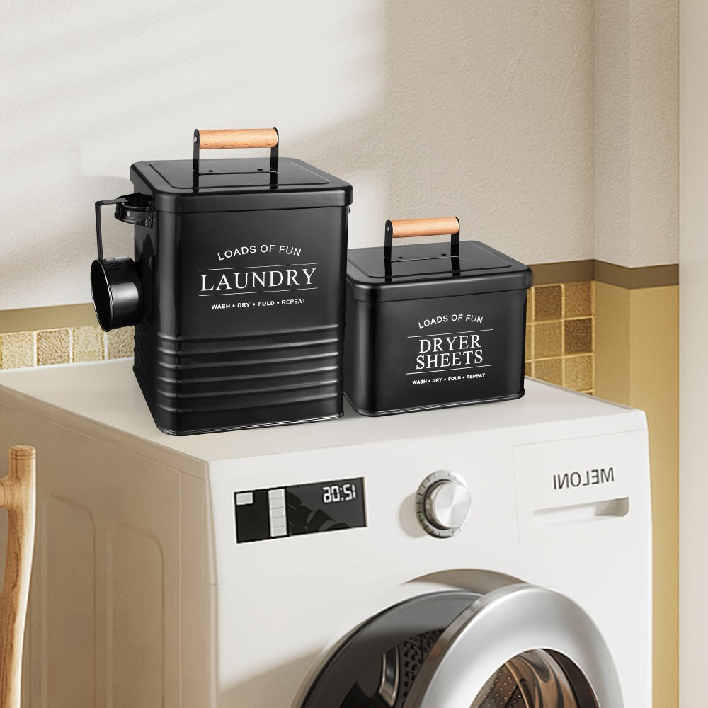 Laundry Pod Container & Dryer Sheet Holder Set with Scoop ¨C Metal Farmhouse Laundry Room Organizer, Detergent Dispenser & Soap Storage