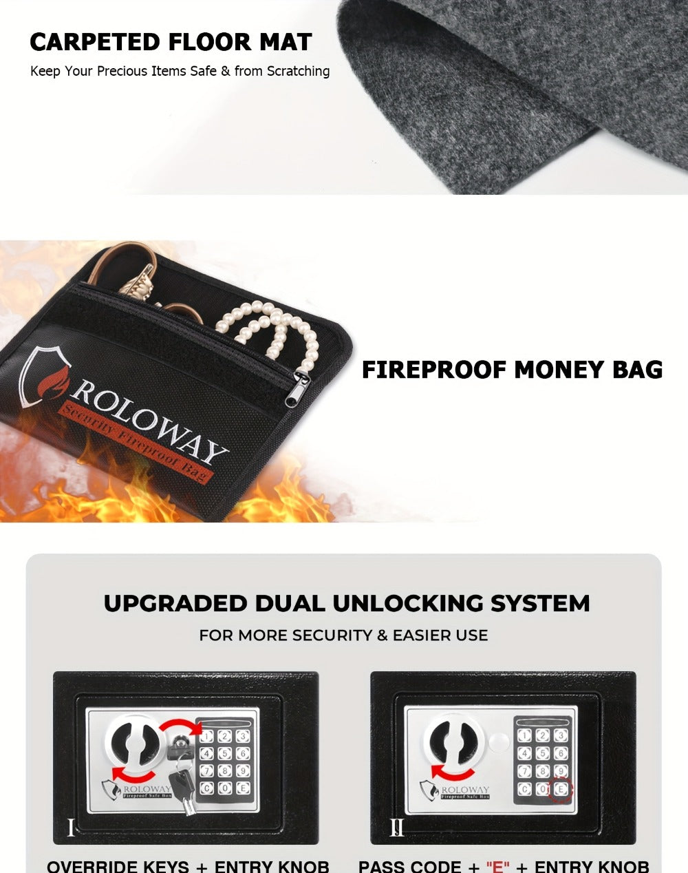 Fireproof Safe Box with Keyboard Lock ¨C ROLOWAY Home & Office Security Safe with Fireproof Bag, Multiple Sizes, Black & Pink Options
