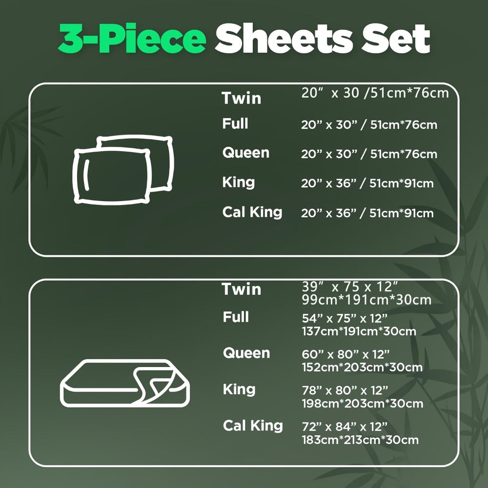 Bamboo Cooling Bed Sheet Set 3 Piece 100% Bamboo Fiber Fitted Sheet with Pillowcases - Deep Pocket Breathable Cool Sheets for Hot Sleepers Twin Full Queen King Cal King Olive Black Navy Beige Gray