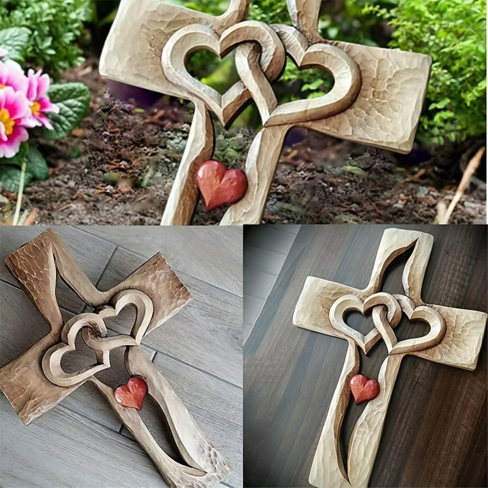 Cross Wall Decor Resin Handcrafted Hearts Intertwined Love Cross, Decorative Wall Cross for Living Room Bedroom Home Decor, Christian Religious Gift for Easter Christmas Housewarming