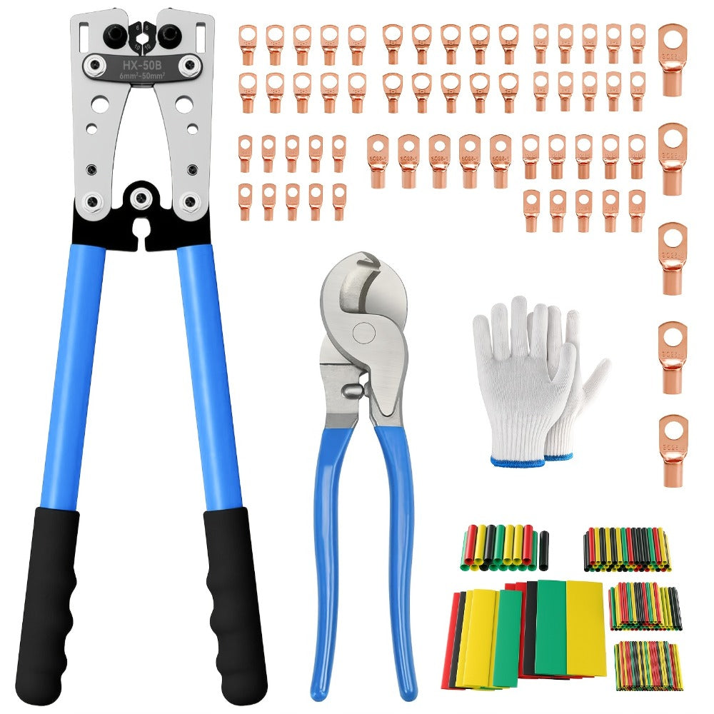 Battery Cable Lug Crimping Tool Set AWG 8-1/0 Heavy-Duty Ratchet Crimper with Copper Wire Lugs, Heat Shrink Tubing, Cable Cutter & Work Gloves for Automotive Marine Electrical Wiring