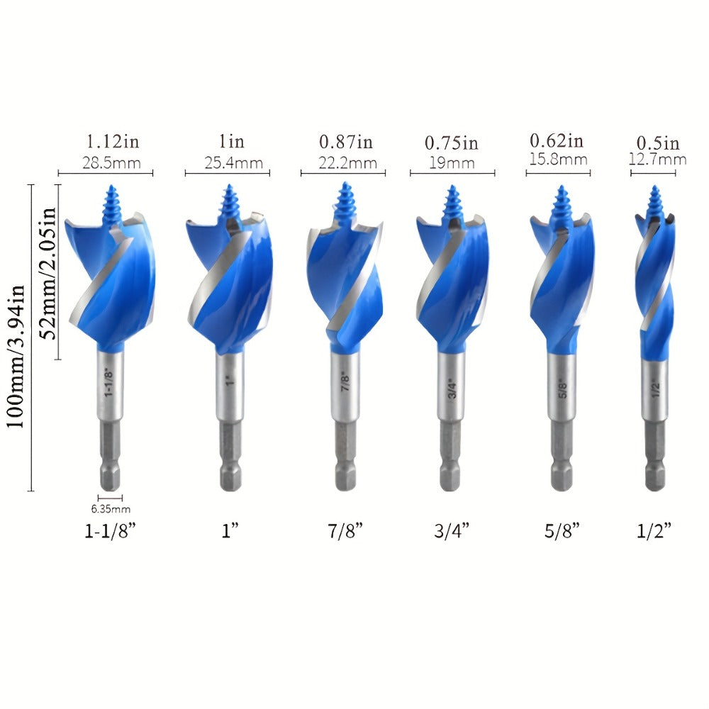 Impact Drill Bit Set 6-Piece Woodworking ¨C 1/2¡± to 1¡± Interchangeable Screwdriver Bits, 4-Inch Length with Storage Box, Multi-Size Spade Bit Kit for Wood Drilling & DIY Projects