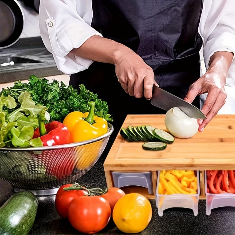 Bamboo Cutting Board with Drawer & Food Container Juice Tank Cheese Shredder Carving Board with Easy Handgrip for Vegetables, Meat & Cheese ¨C Kitchen Chopping Board with Storage