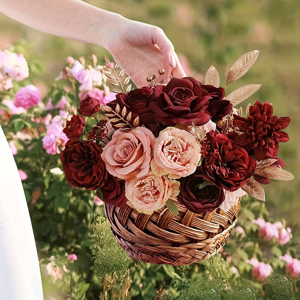 Artificial Rose Bouquet Wine Red, 12pcs Fake Plastic Roses for Wedding Centerpiece, Halloween Day of the Dead Altar Decor, Fall Winter Tabletop Flower Arrangement, No Battery Required