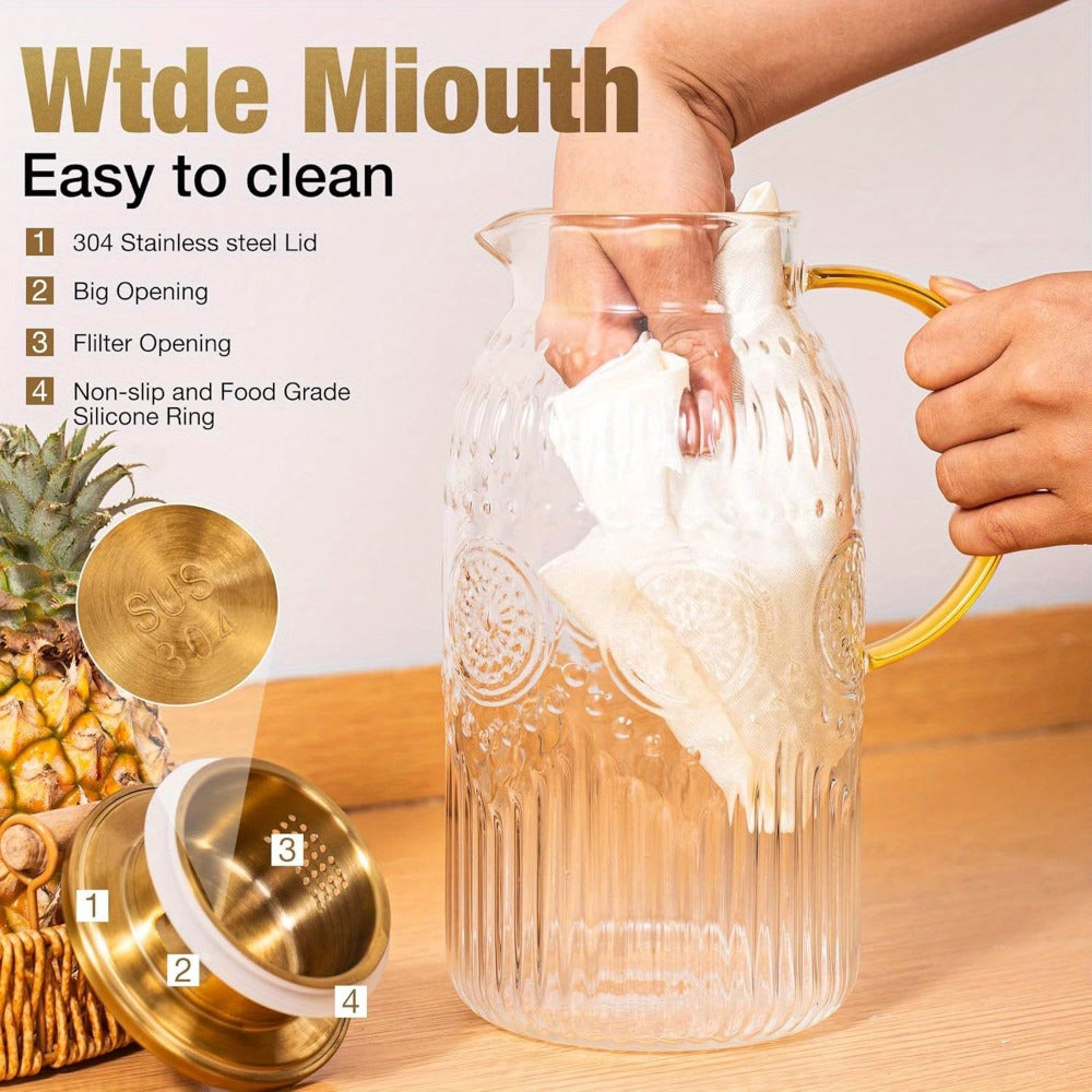 Glass Pitcher with Lid 68oz 2 Liter Heat Resistant Borosilicate Glass Water Carafe Vintage Design for Cold Brew Coffee Lemonade Iced Tea Juice Parties Picnics Camping Office Kitchen