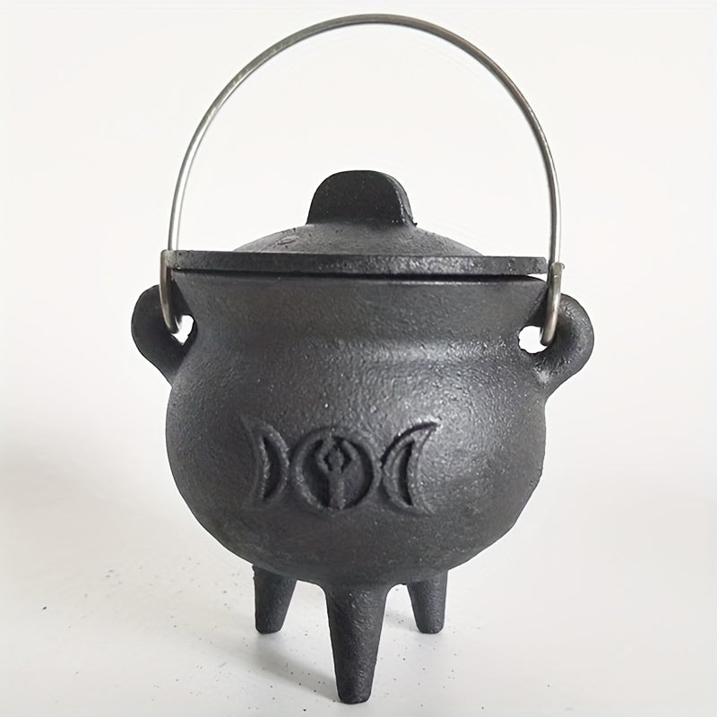 Cast Iron Cauldron with Lid & Handle ¨C Witchcraft Incense Burner, Spell Ritual Pot, Halloween Decor, Pentagram & Triple Moon Styles, Pagan Altar Cauldron