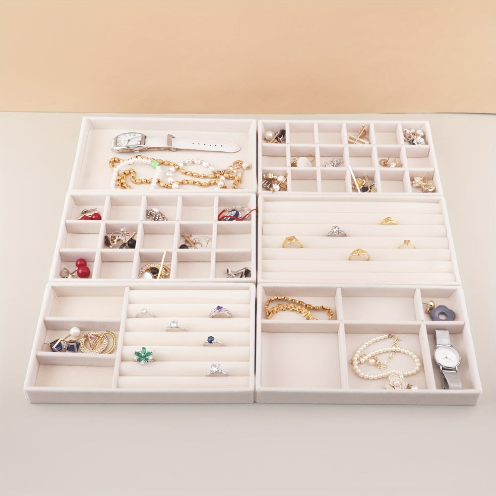 Stackable Jewelry Organizer Trays 6-Piece Set ¨C Rectangular Multi-Compartment Drawer Inserts with Removable Dividers for Earrings, Rings, Necklaces & Bracelets ¨C Tabletop Jewelry Display Case Storage