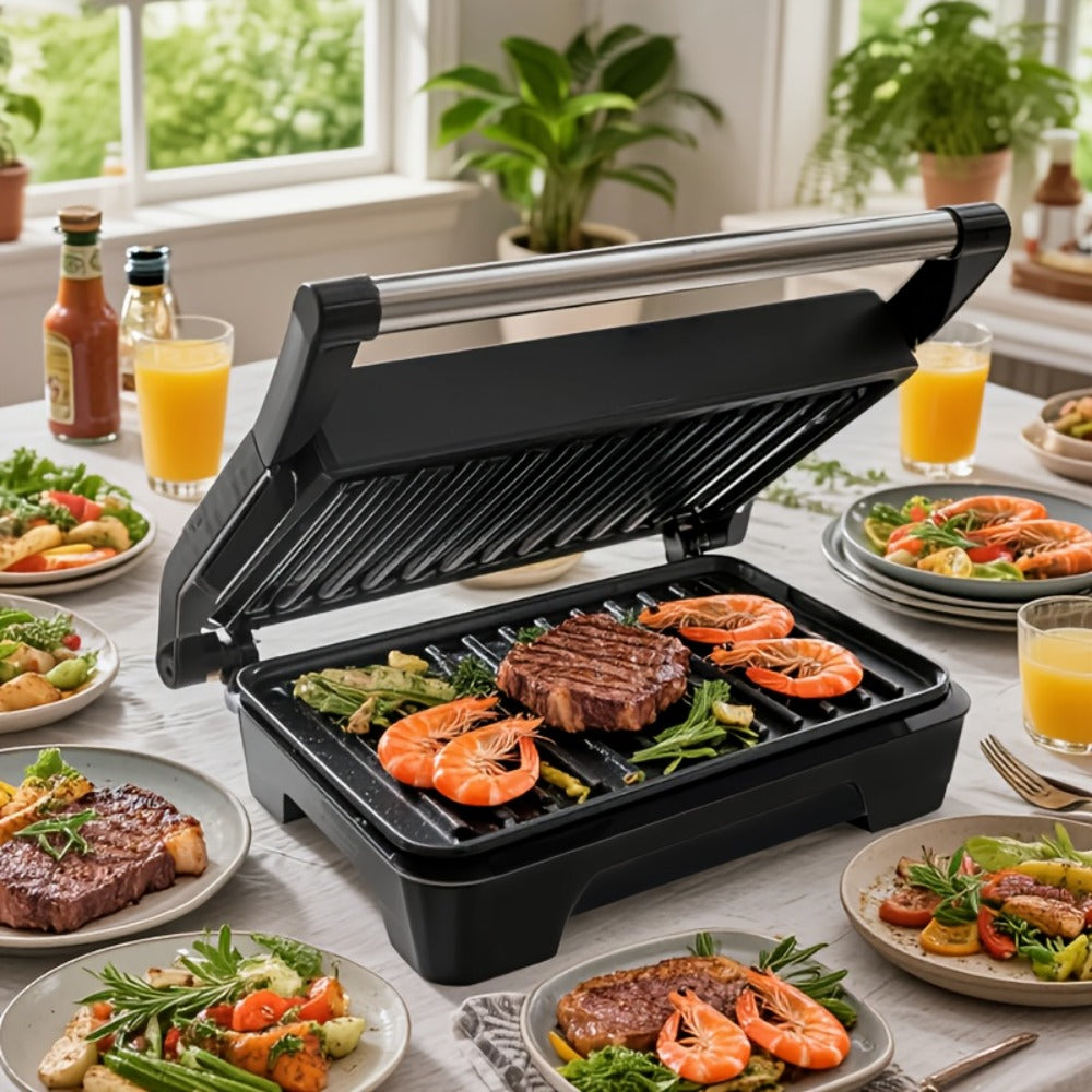 Electric Panini Press Grill Double-Sided Heating Sandwich Maker Waffle Iron Steak Grill Indoor Barbecue Machine for Panini Toasts Burgers Sausages Quick Meals Home Kitchen