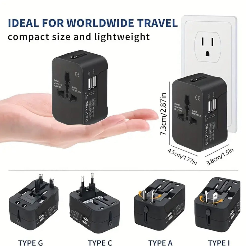 Universal Travel Adapter with Surge Protection - 2 USB & Type-C Ports, All-in-One International Plug for 350+ Countries, 100-240V Input, Fast Charging, Compact Lightweight Design, White & Black