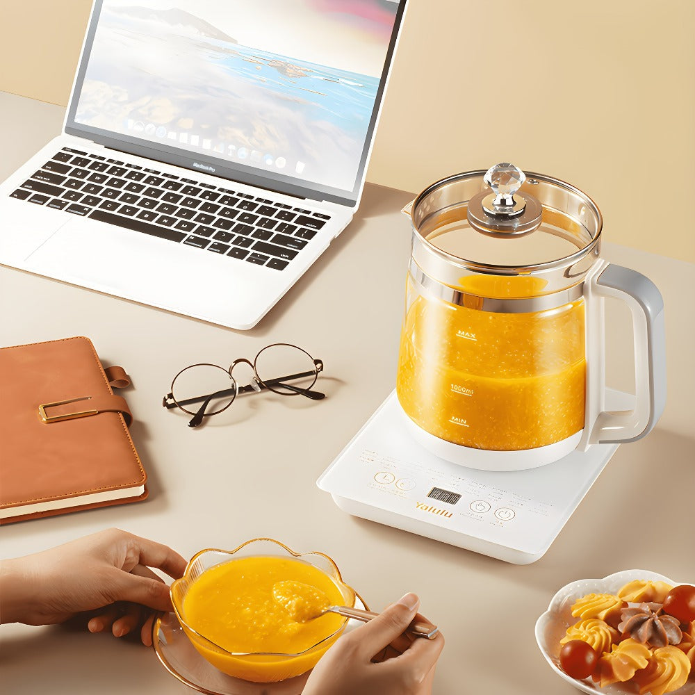 Multifunctional Electric Kettle 1.8L ¨C Thick Glass Health Kettle with 18 Smart Functions, Boil Water, Make Coffee, Cook Porridge & Steam Eggs, Removable Filter, Tea Set Included, US Plug ¨C White