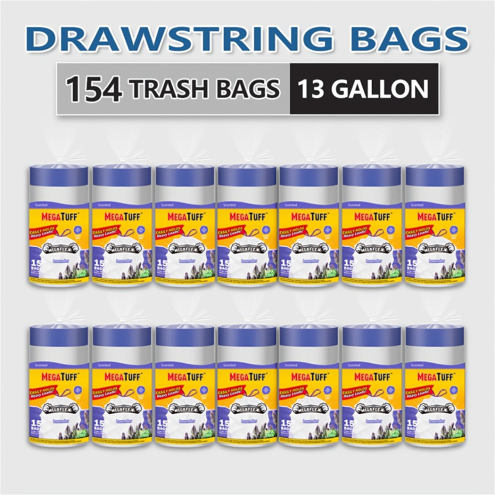 Drawstring Trash Bags with Odor Eliminator Technology ¨C Lemon Mint Scent, Puncture & Tear Resistant, 30 Gal (90 Bags) or 13 Gal (154 Bags) Kitchen Garbage Bags