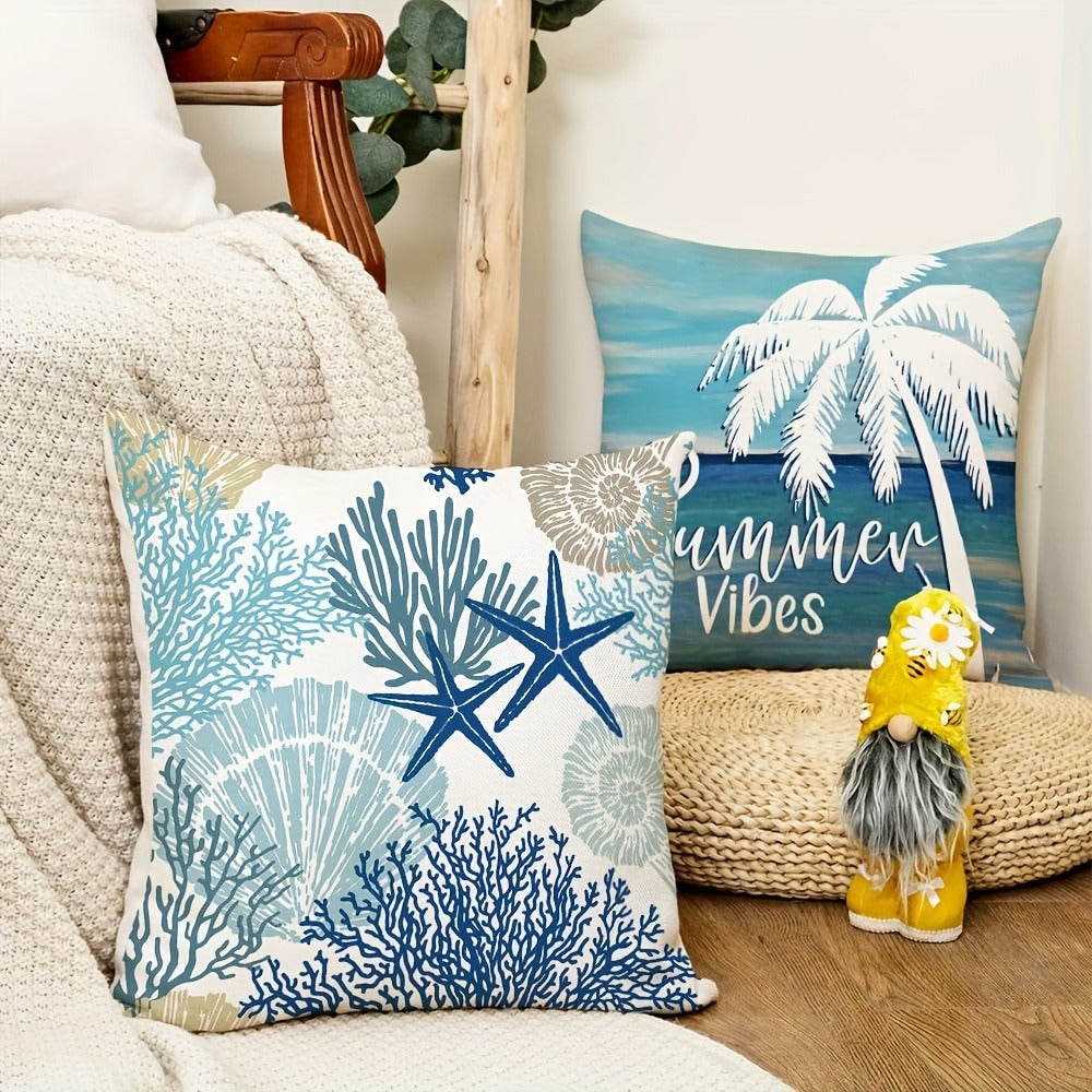 4pcs Ocean Beach Coastal Throw Pillow Covers 18x18in - Marine Life Shells Starfish Seahorse Turtle Decorative Pillowcase Set with Zipper Machine Washable for Summer Home Decor