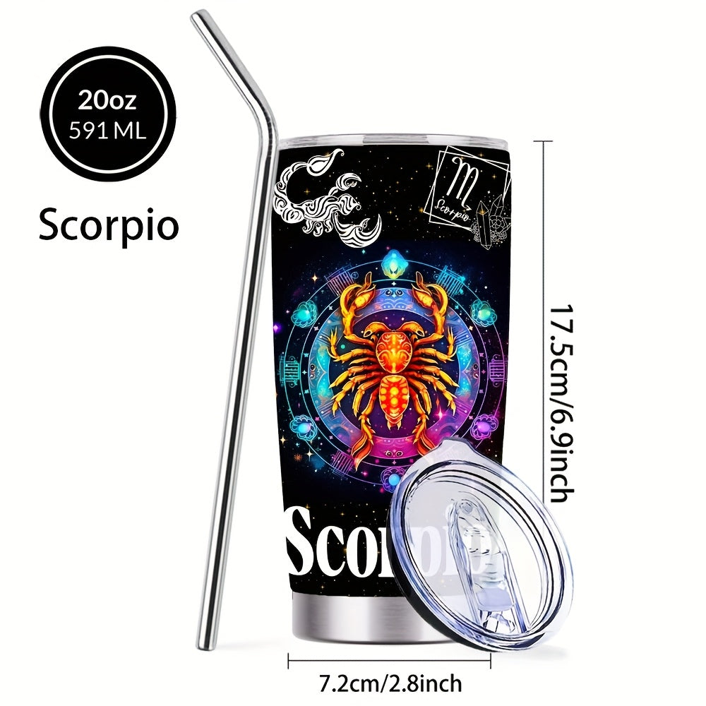 Zodiac Sign Insulated Tumbler 20oz Stainless Steel Travel Cup with Lid & Straw Hot Cold Drinks Horoscope Coffee Mug Gift for Men Women Birthday Christmas