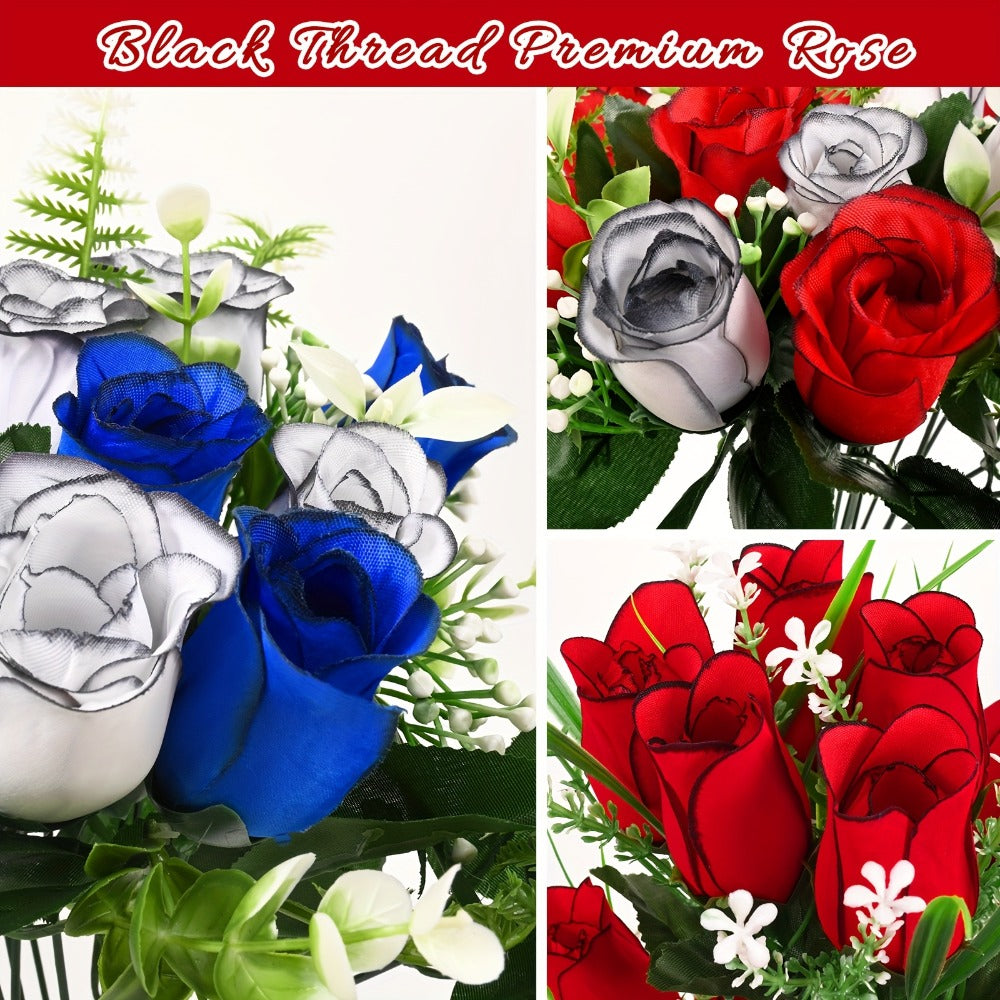 Artificial Cemetery Flowers for Grave with Saddle, Silk Rose Bouquet Headstone Decoration, Memorial Day Grave Flowers, Outdoor Grave Marker Floral Arrangement, 1/2/3 PCS