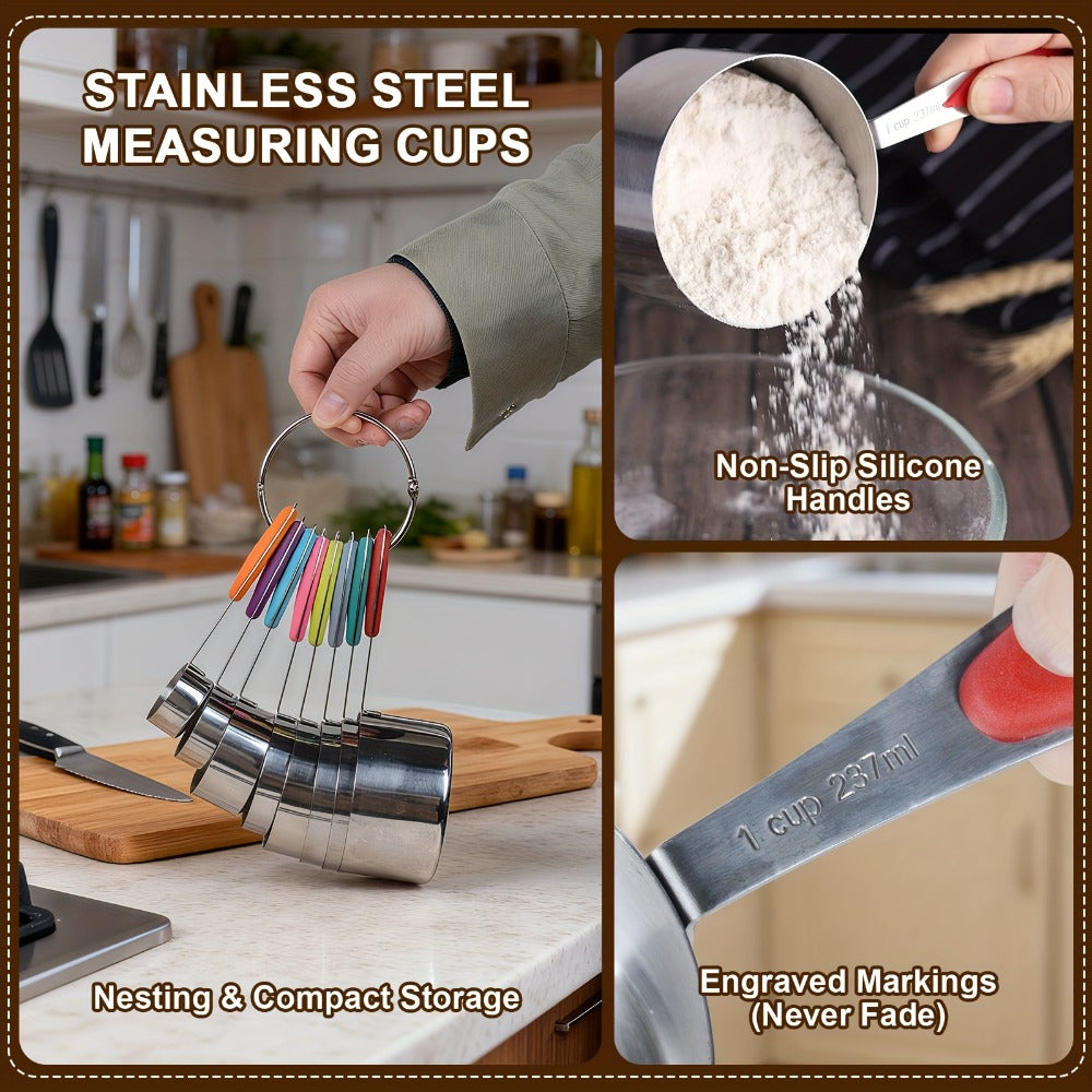 Stainless Steel Measuring Cups and Spoons Set 17 Piece - 8 Measuring Cups, 8 Double-Sided Spoons & 1 Leveler for Baking, Cooking & Kitchen Use, Perfect Holiday Gift