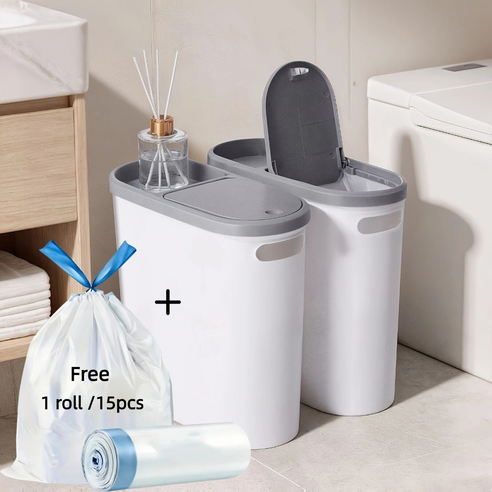 Small Bathroom Trash Can with Built-In Handles Rustproof Space Saving Plastic Waste Bin for Bathroom Laundry Office Includes Trash Bags